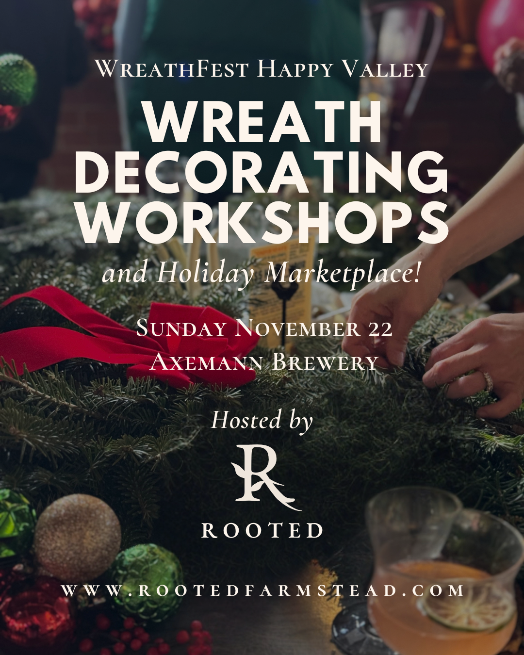 Holiday wreath decorating workshop featuring fresh evergreen wreaths and seasonal accents at a brewery.